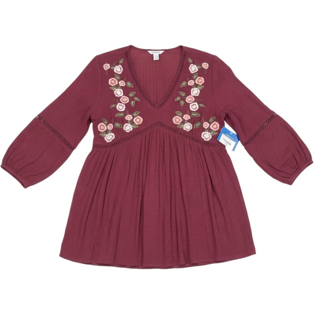 Arizona Jean Co Burgundy Floral Embroidered Boho Tunic Top Medium NEW Romantic